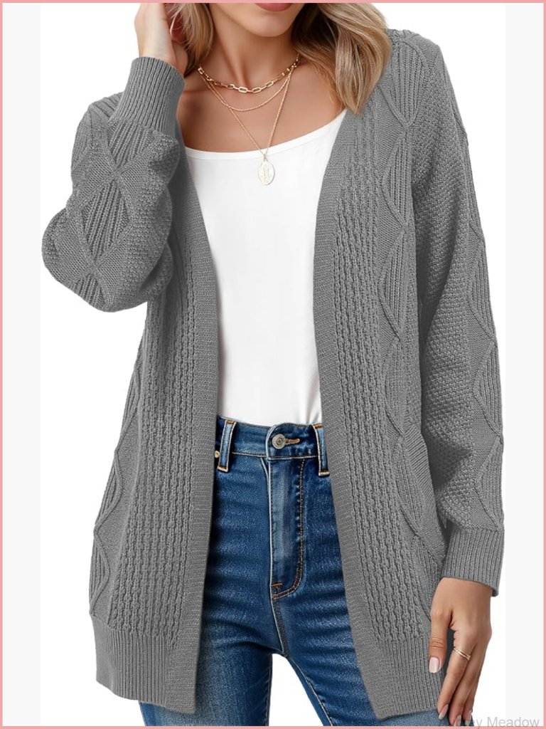 Chunky Cable Knit Open Front Cardigan Sweater With Pockets